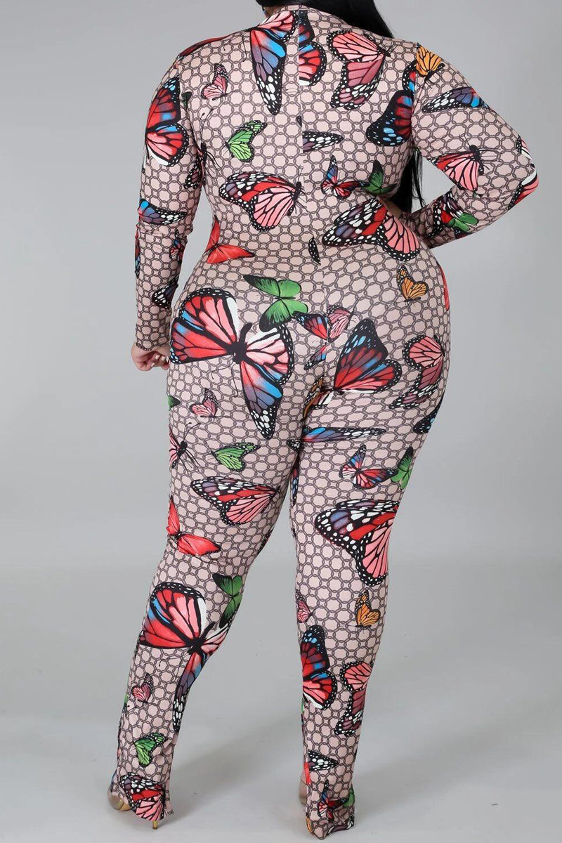 Plus Size Butterfly Print Zipper Jumpsuit