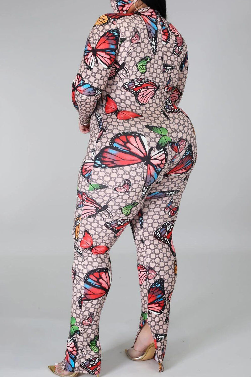Plus Size Butterfly Print Zipper Jumpsuit