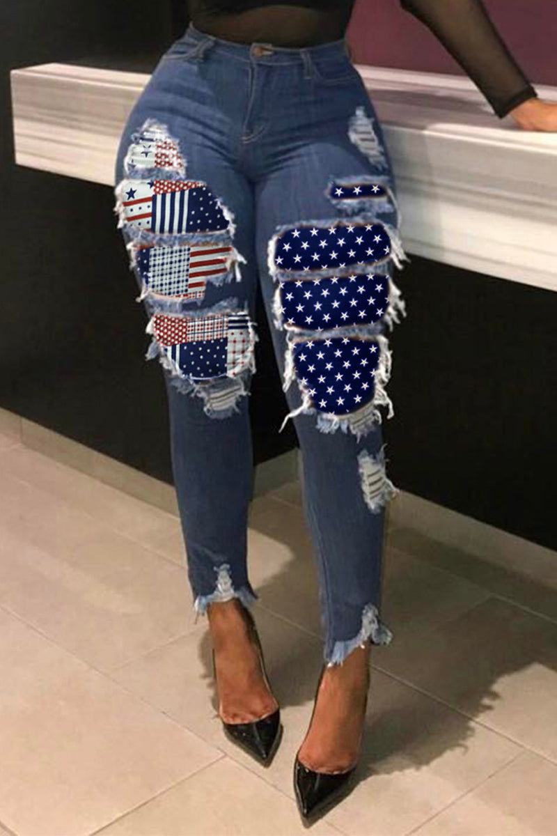 Plus Size American Flag Print Distressed Jeans