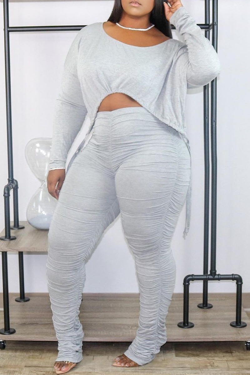 Pleated Side Drawstring Soid Color Top & Pants
