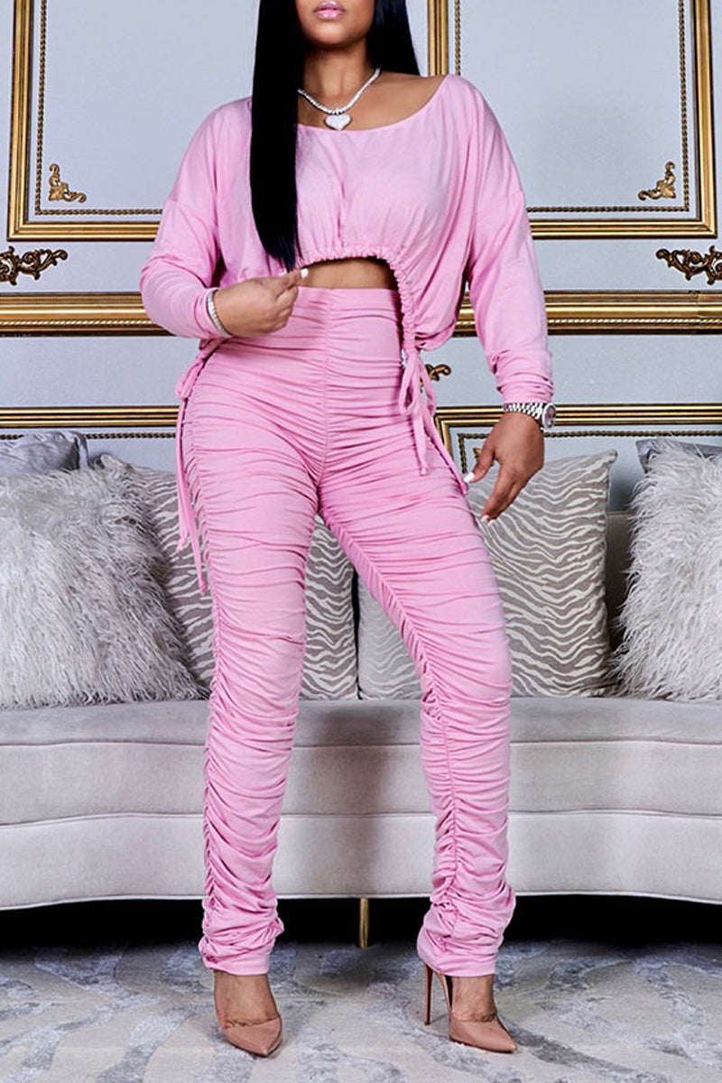 Pleated Side Drawstring Solid Two Piece Sets