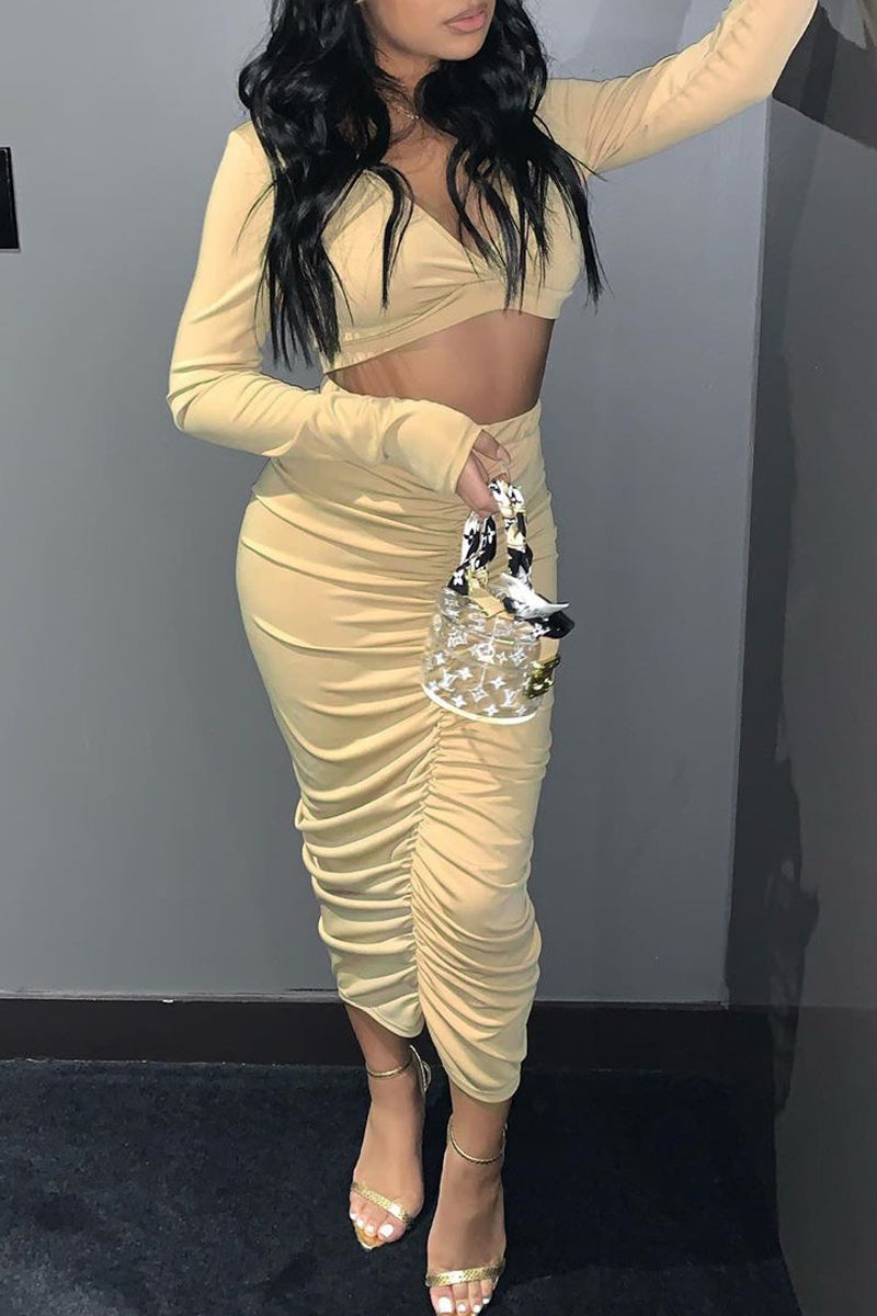 Pleated Solid V-Neck Long Sleeve Two Piece Sets