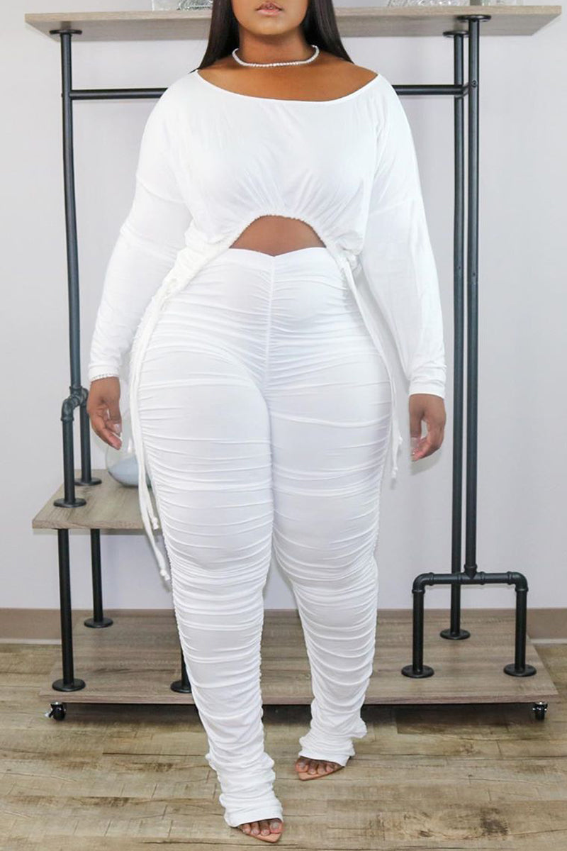 Pleated Side Drawstring Soid Color Top & Pants