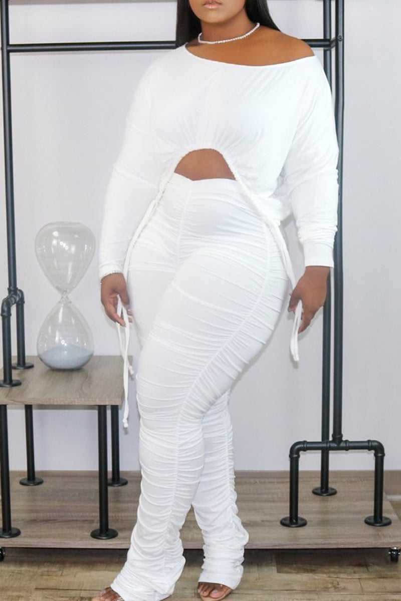 Pleated Side Drawstring Soid Color Top & Pants