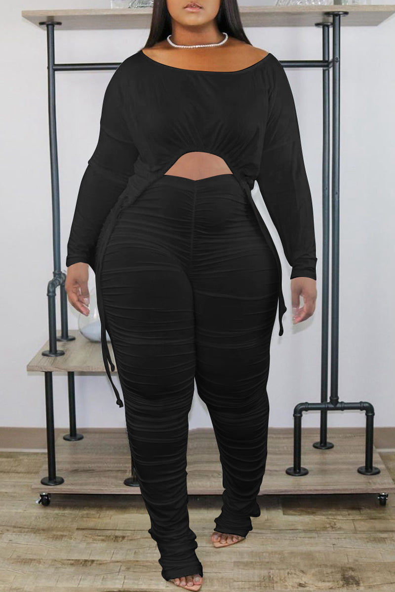 Pleated Side Drawstring Soid Color Top & Pants