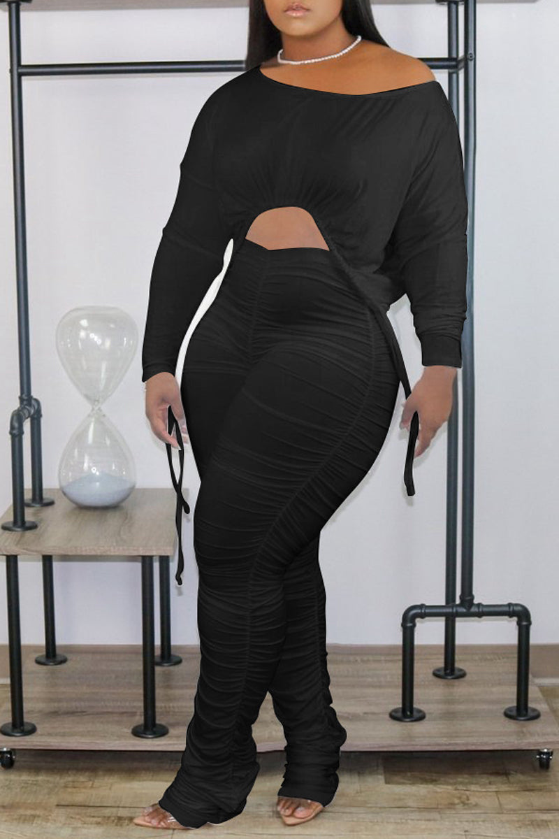 Pleated Side Drawstring Soid Color Top & Pants