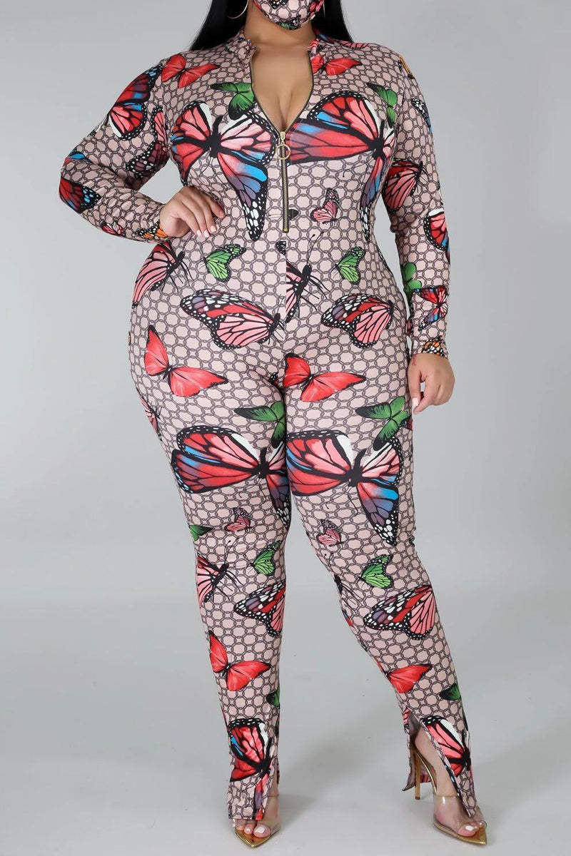 Plus Size Butterfly Print Zipper Jumpsuit