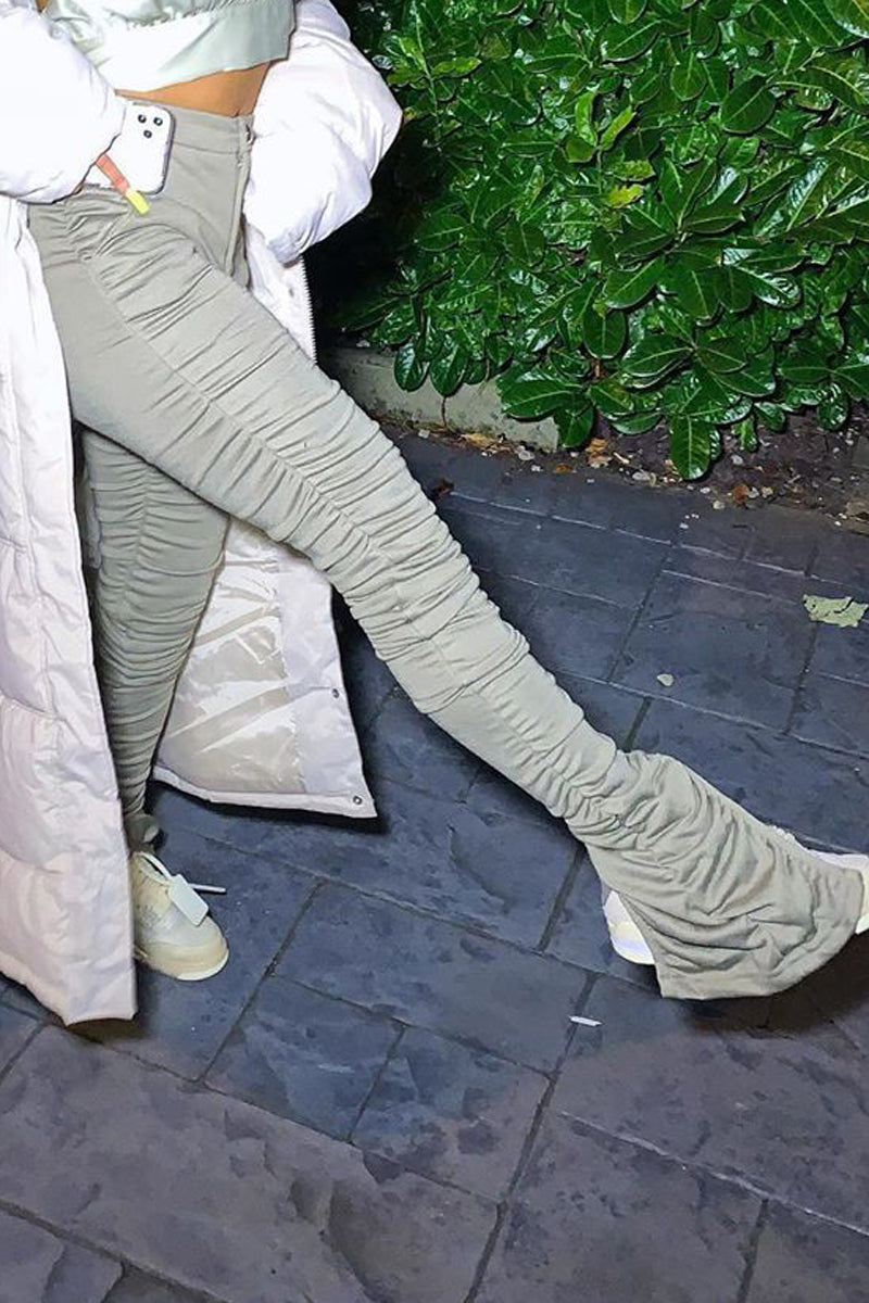 Pleated Side Slit High Waist Solid Pants