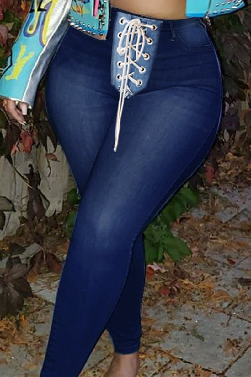 Plus Size Denim Lace Up Skinny Jeans