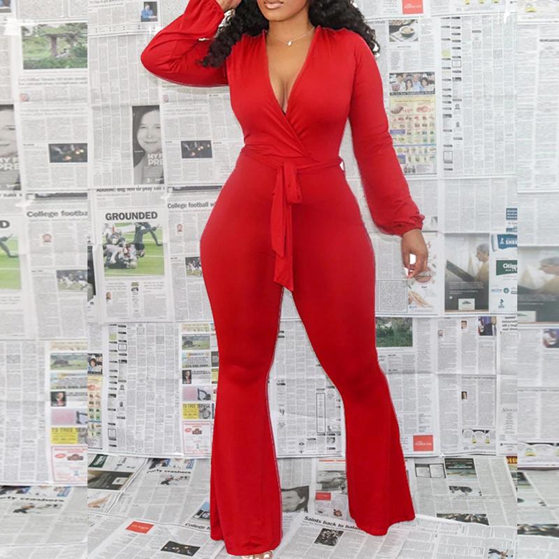 Plus Size Deep V-Neck Flared Jumpsuit With Belt