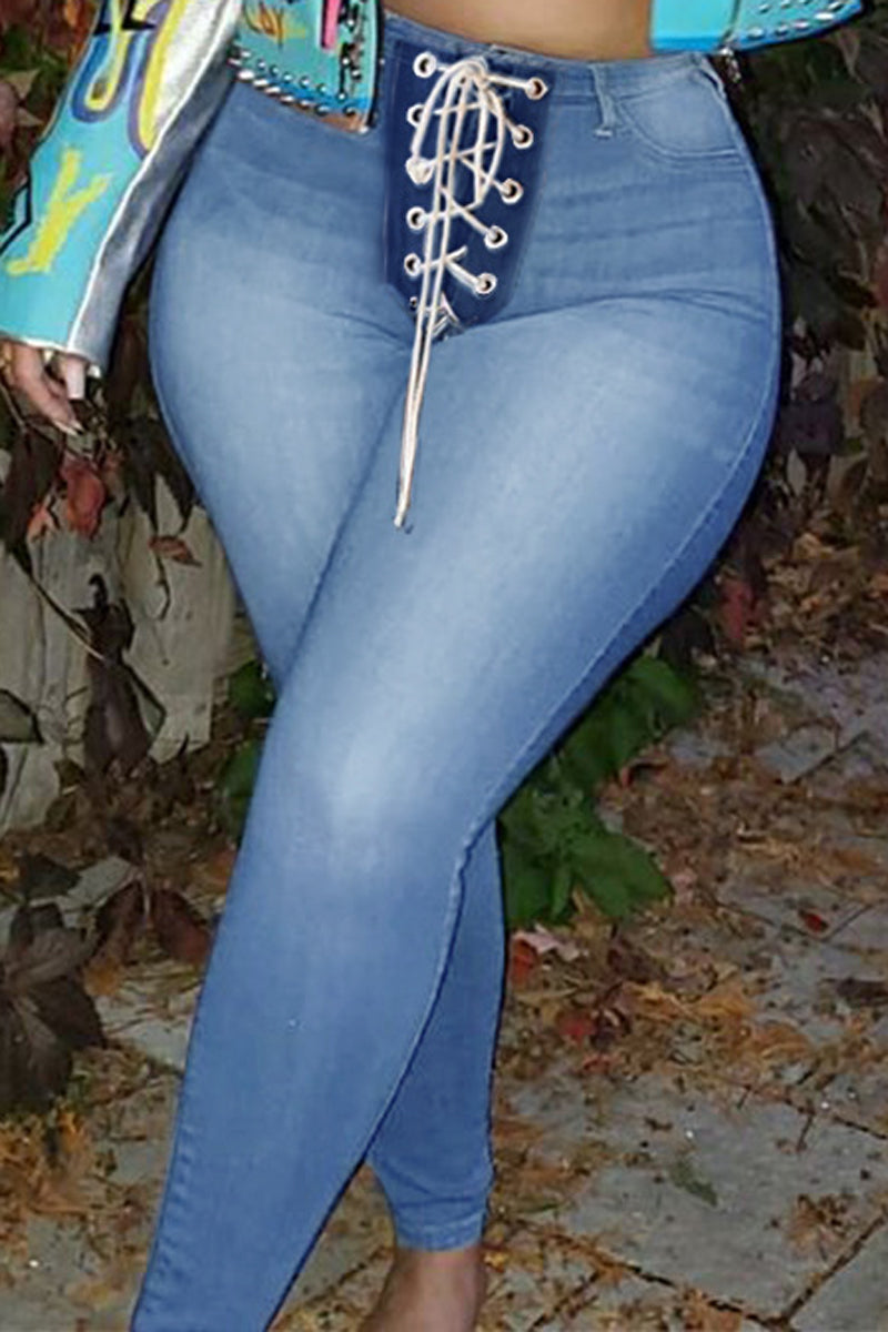 Plus Size Denim Lace Up Skinny Jeans