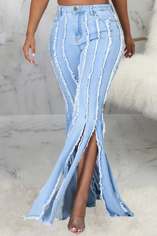 Plus Size Denim Tassel Hem Flared Jeans