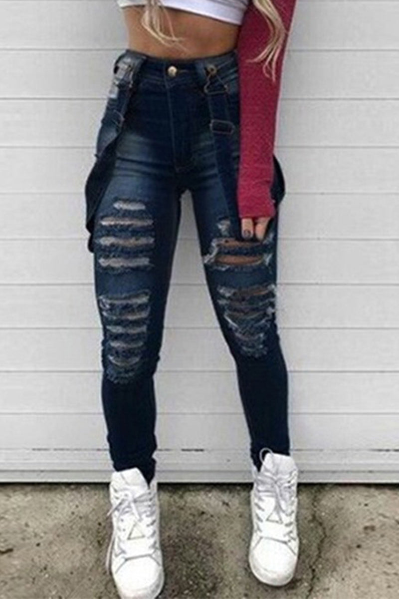 Plus Size Denim Hole Distressed Suspender Pants