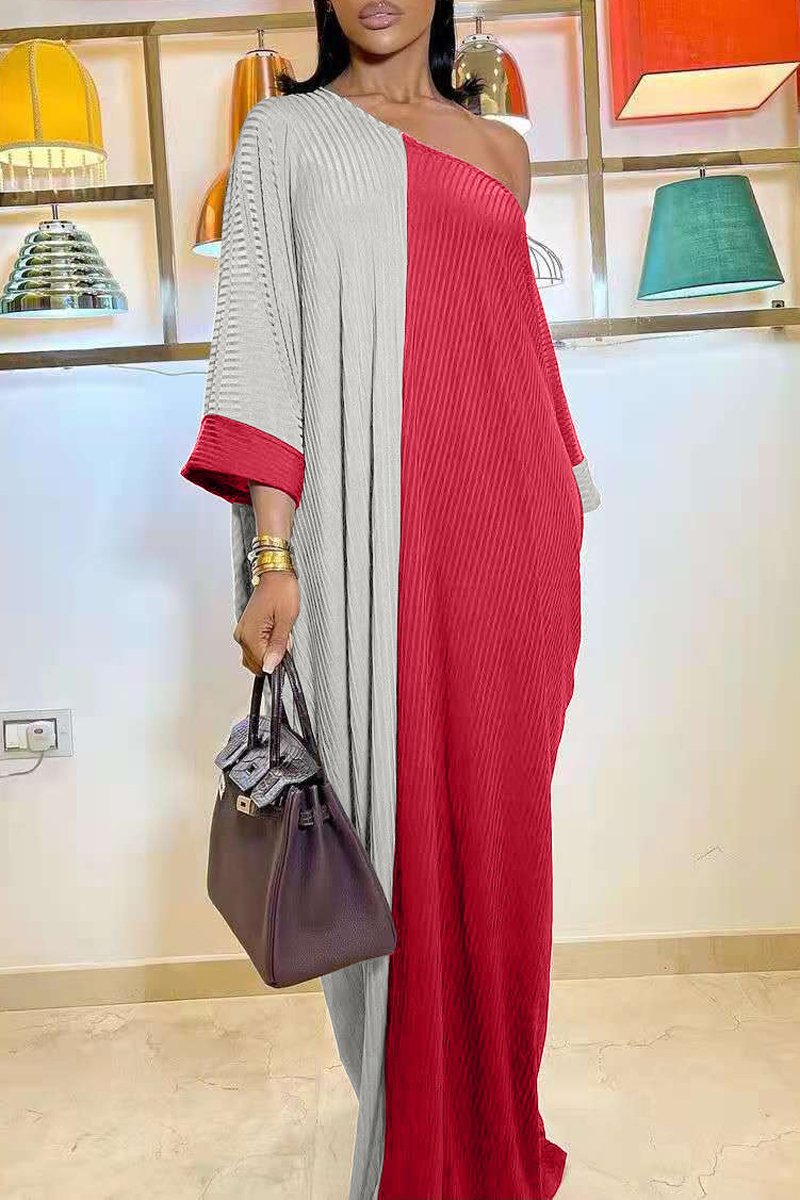 Plus Size Color Patchwork Skew Neck Maxi Dress
