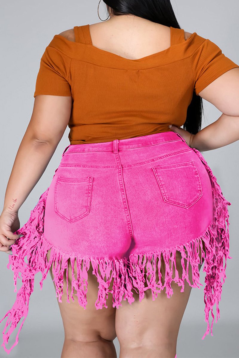 Plus Size Denim Tassel Hem Pocket Shorts
