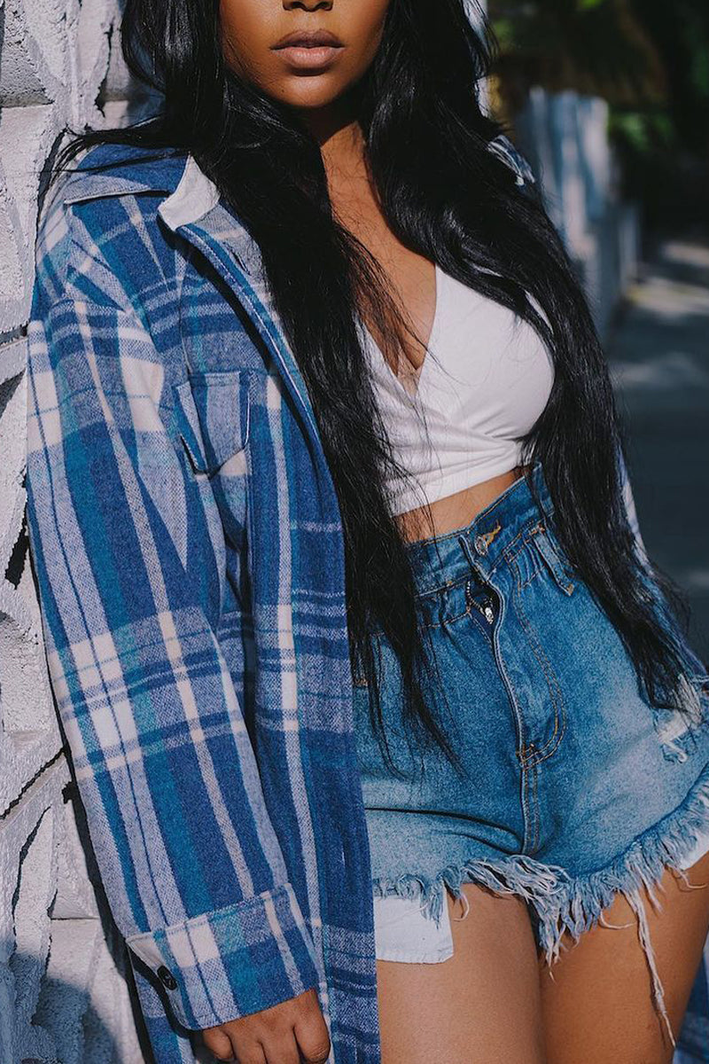 Plaid Printed Pocket Button Long Shirt