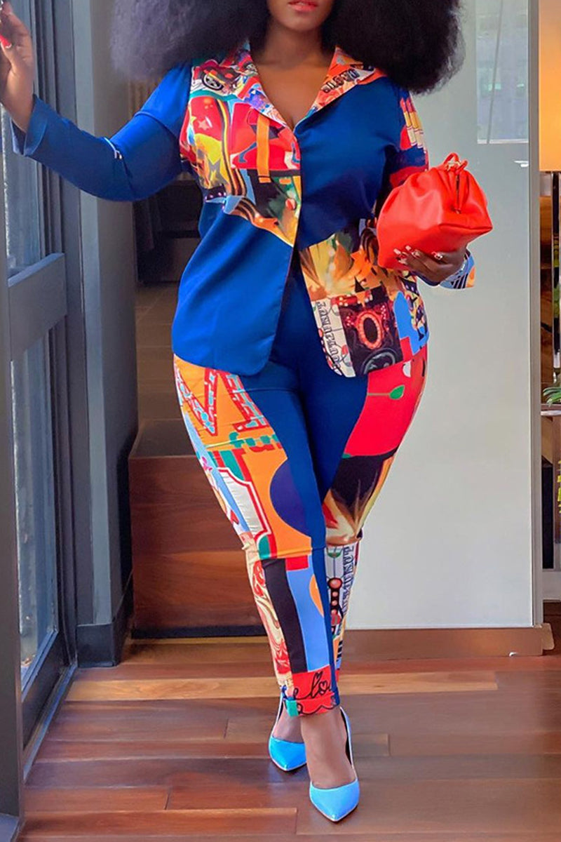 Plus Size Digital Print Patchwork Top & Pants