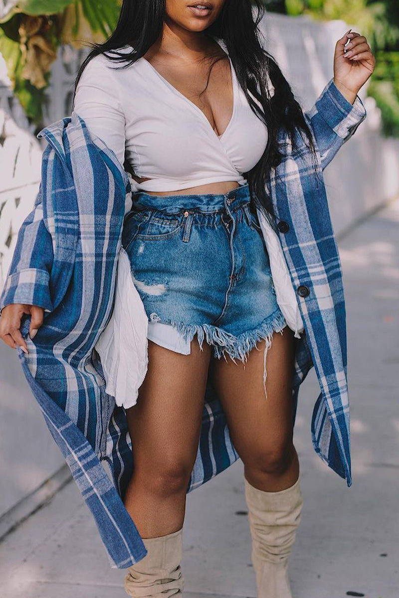 Plaid Printed Pocket Button Long Shirt