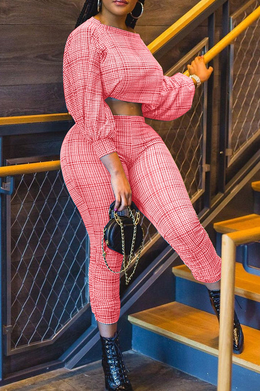Plaid Printed Round Neck Two Piece Sets