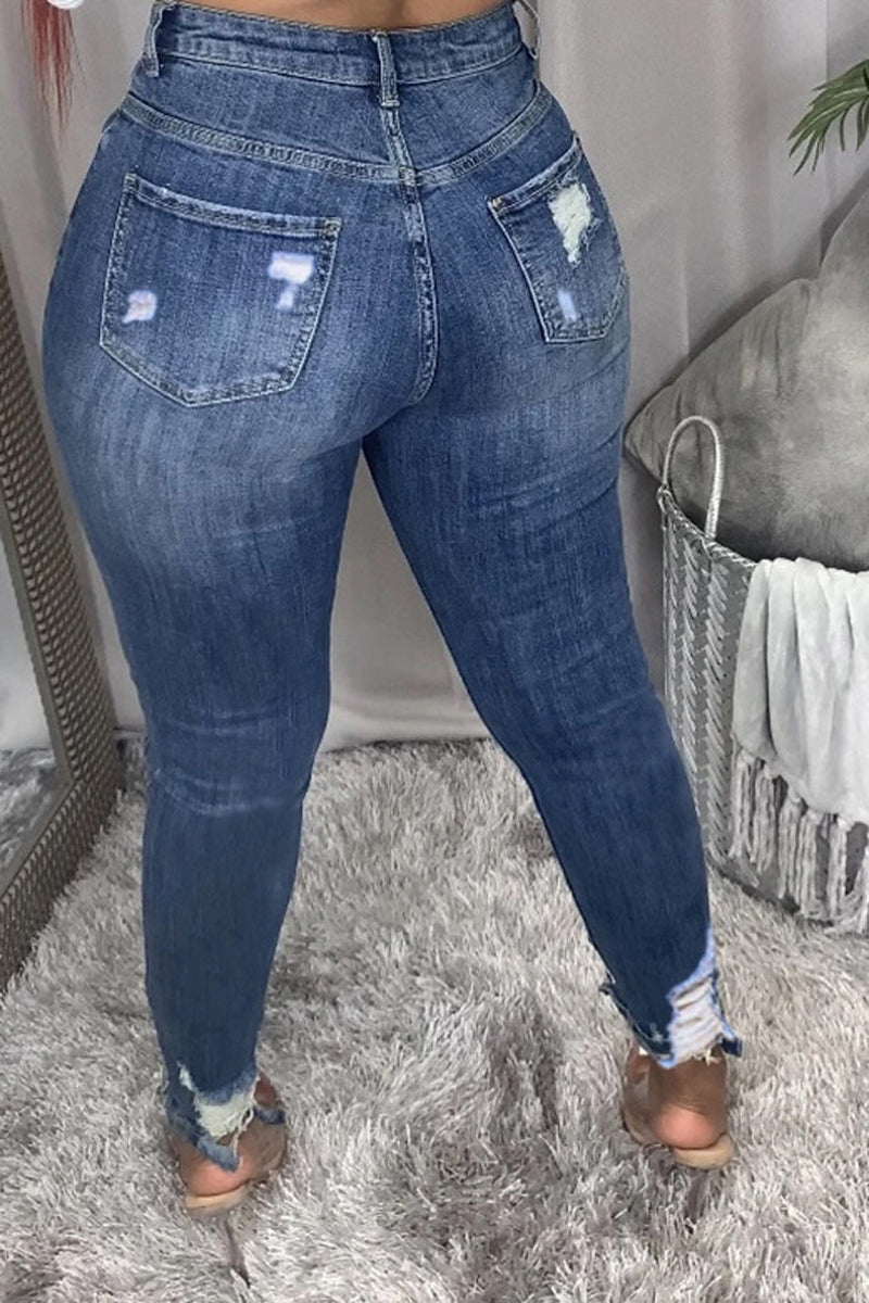Plus Size Denim Hole Distressed Tassels Jeans