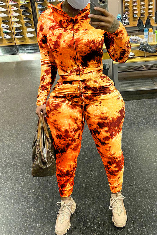 Plus Size Fire Print Hooded Two Piece Sets