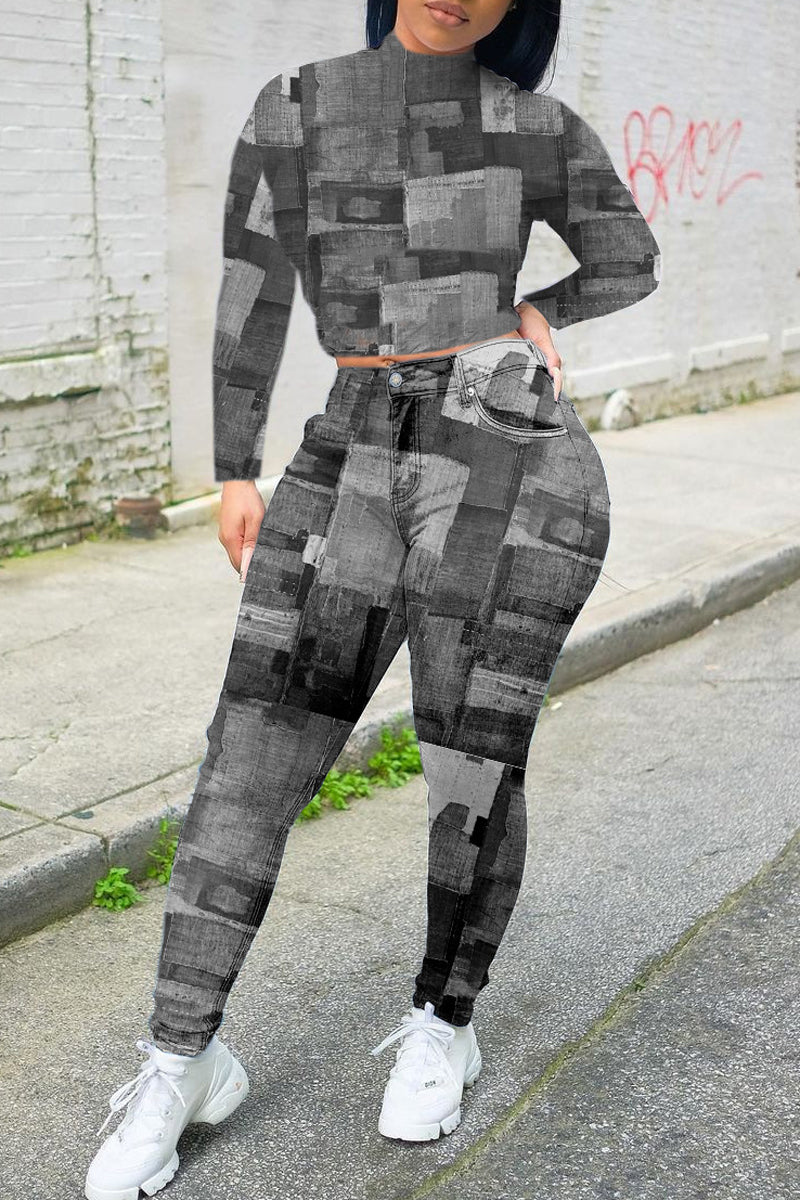 Plaid Printed Pocket Long Sleeve Top & Pants