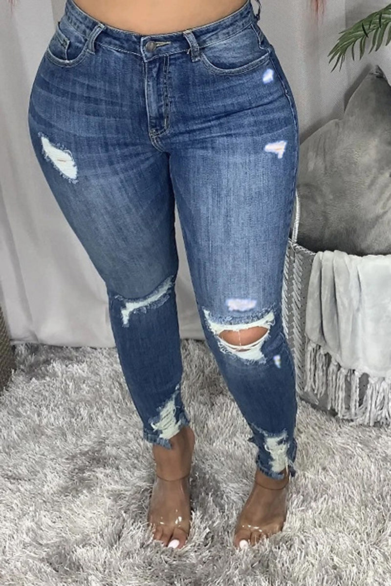 Plus Size Denim Hole Distressed Tassels Jeans