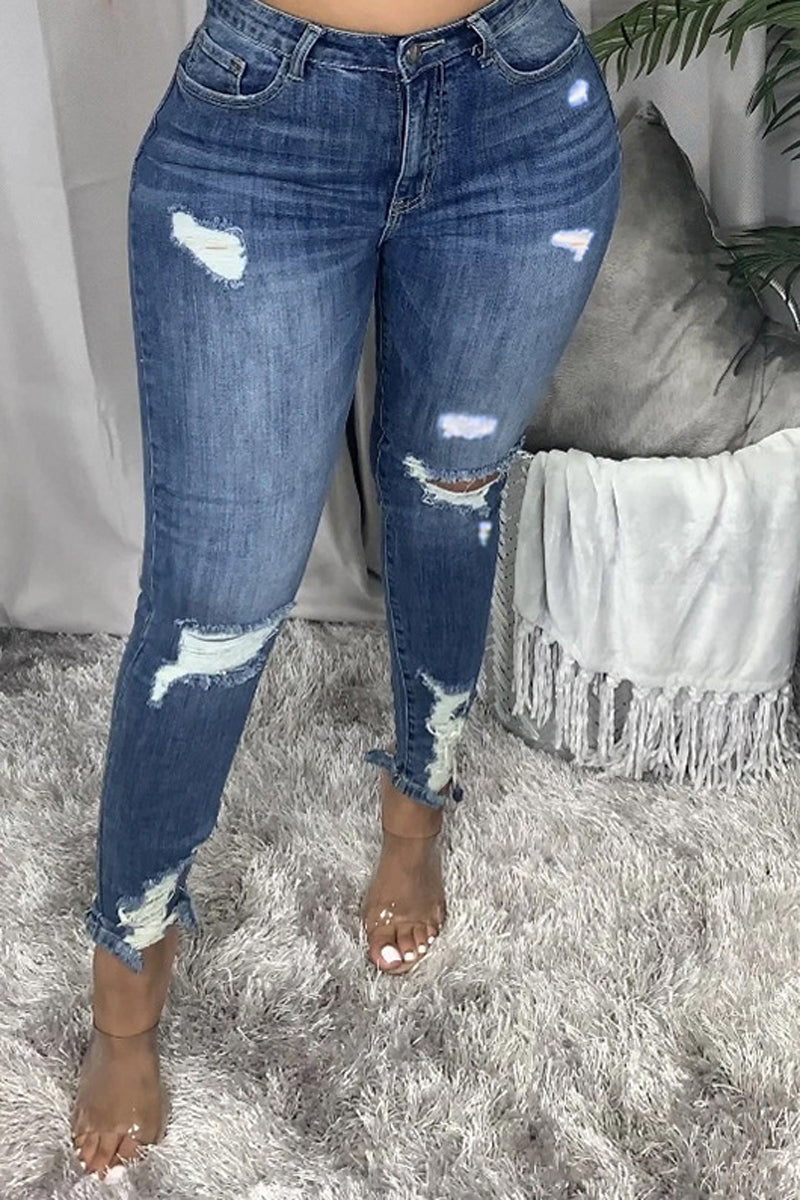 Plus Size Denim Hole Distressed Tassels Jeans