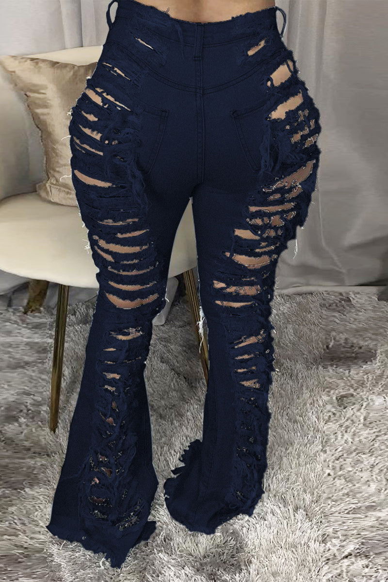 Plus Size Denim Hole Distressed Flared Jeans
