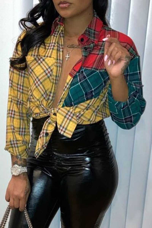 Plaid Printed Lapel Color Patchwork Shirt