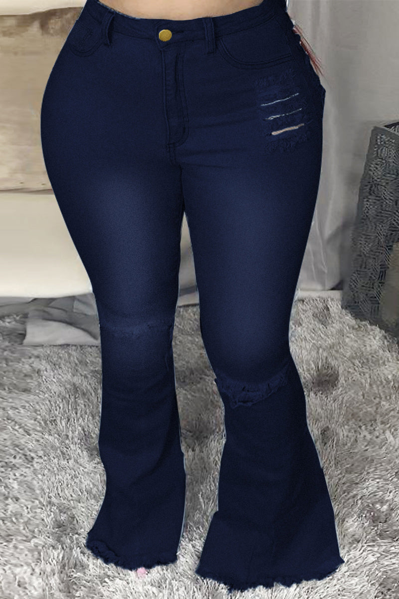 Plus Size Denim Hole Distressed Flared Jeans