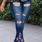 Plus Size Embroidered Denim Hole Distressed Jeans