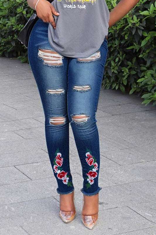 Plus Size Embroidered Denim Hole Distressed Jeans