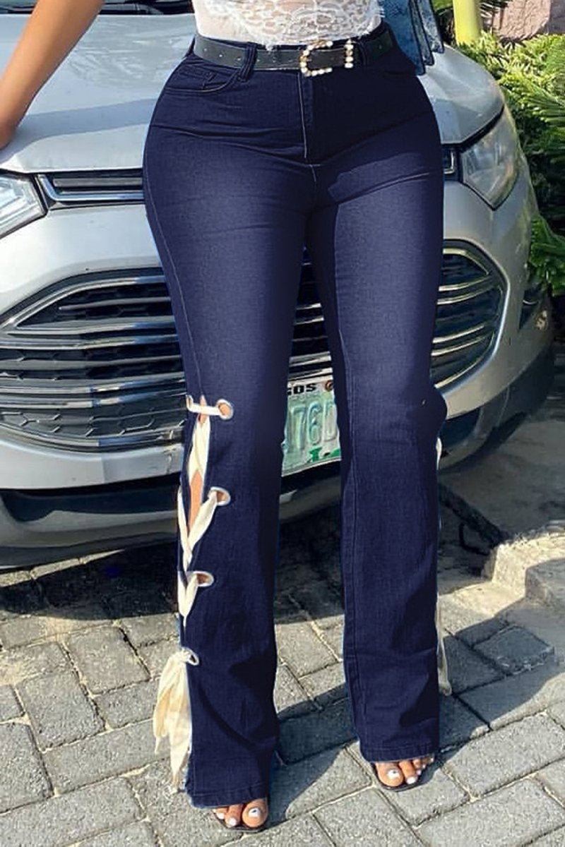 Plus Size Denim Lace Up Wide Leg Jeans