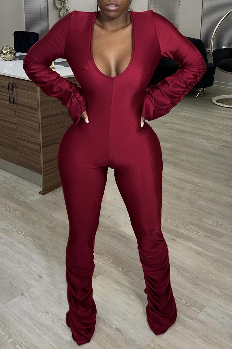 Pleated V-Neck Stacked Long Sleeve Jumpsuit