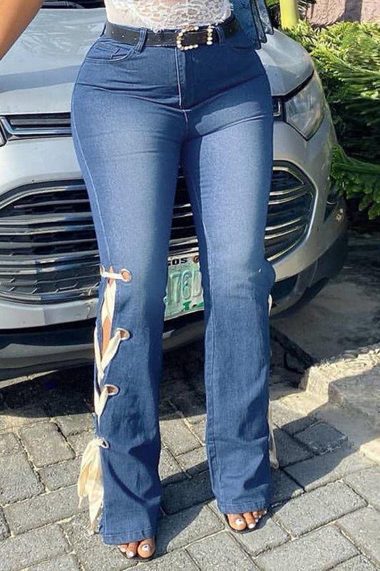 Plus Size Denim Lace Up Wide Leg Jeans
