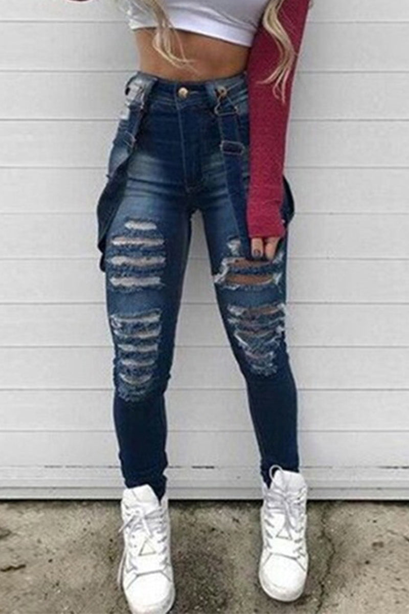 Plus Size Denim Hole Distressed Suspender Pants
