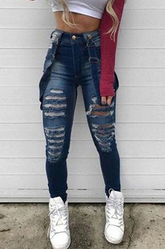 Plus Size Denim Hole Distressed Suspender Pants
