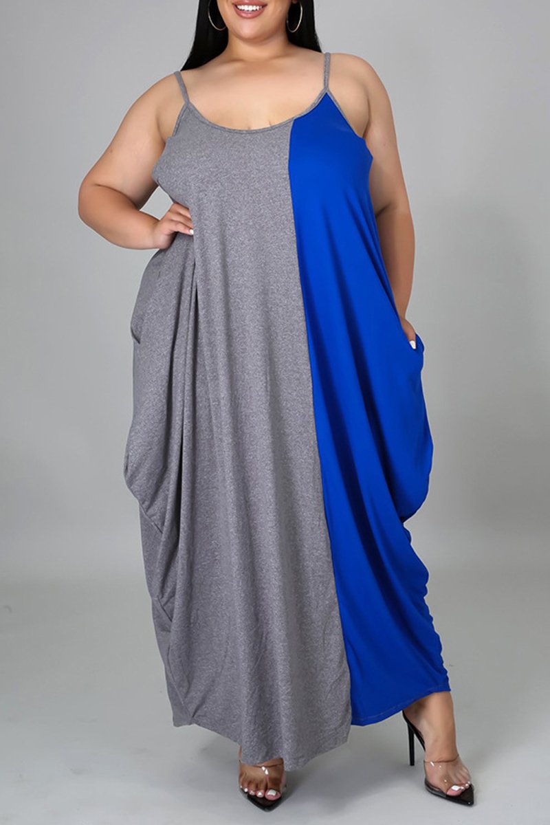 Plus Size Color Patchwork Halter Neck Maxi Dress