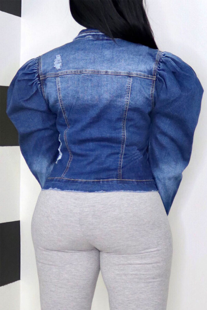 Plus Size Distressed Puff Sleeve Jacket