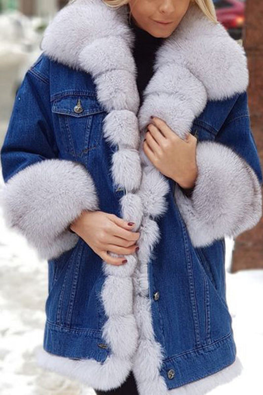 Plus Size Denim Faux Fur Collar Coat
