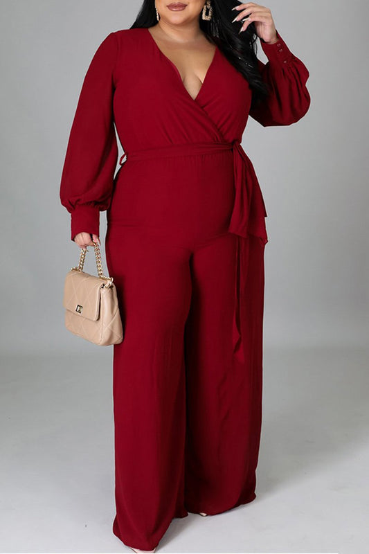 Plus Size Deep V-Neck Strapped Loose Jumpsuit