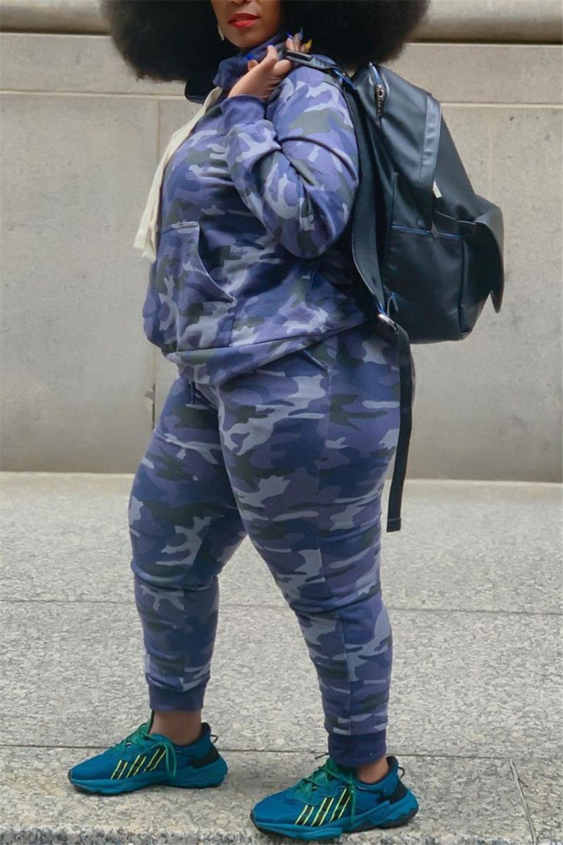 Plus Size Camouflage Print Hooded Two Piece Sets