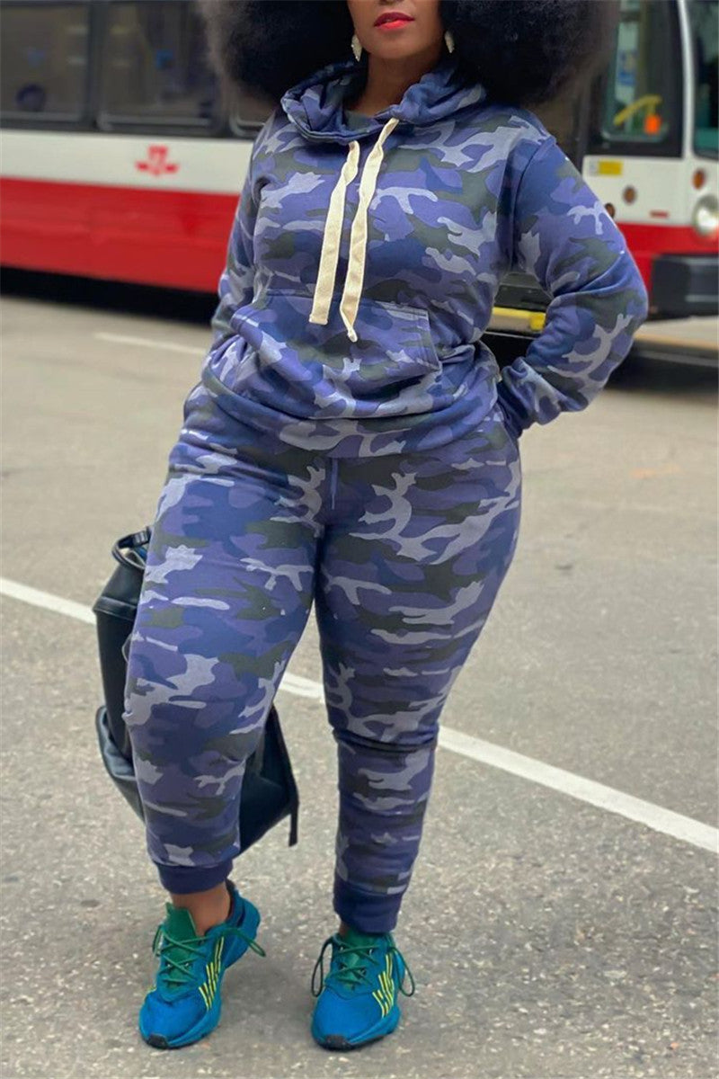 Plus Size Camouflage Print Hooded Two Piece Sets