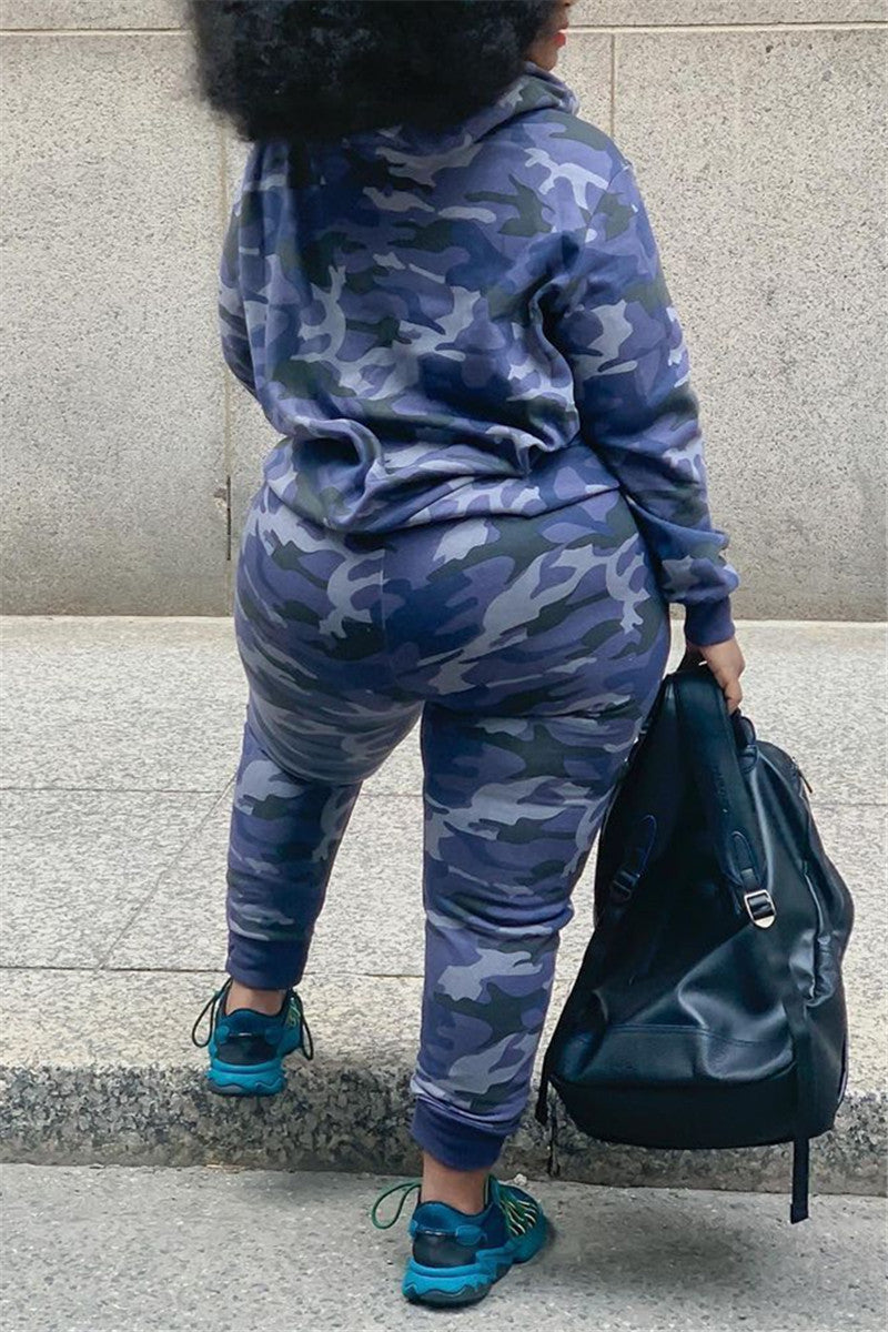 Plus Size Camouflage Print Hooded Two Piece Sets