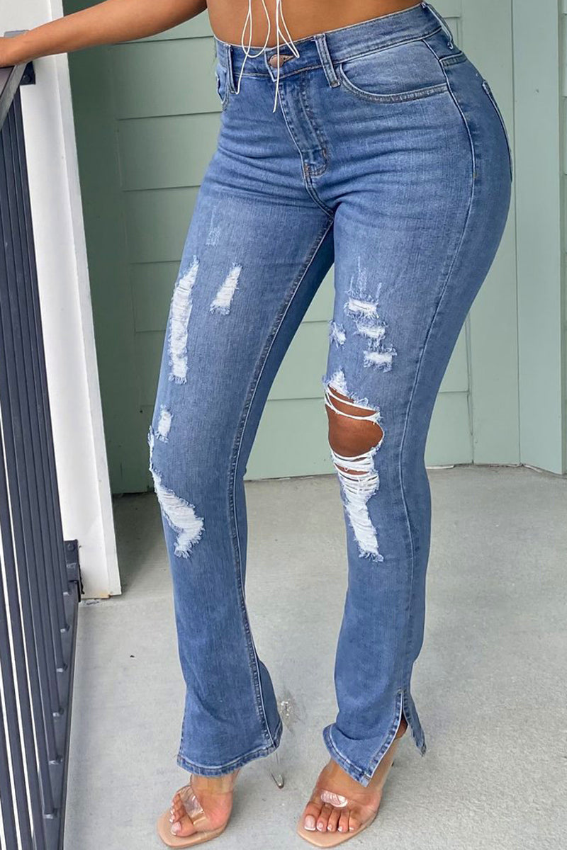 Plus Size Denim Hole Distressed Slit Jeans