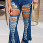 Plus Size Denim Hole Distressed Flared Jeans
