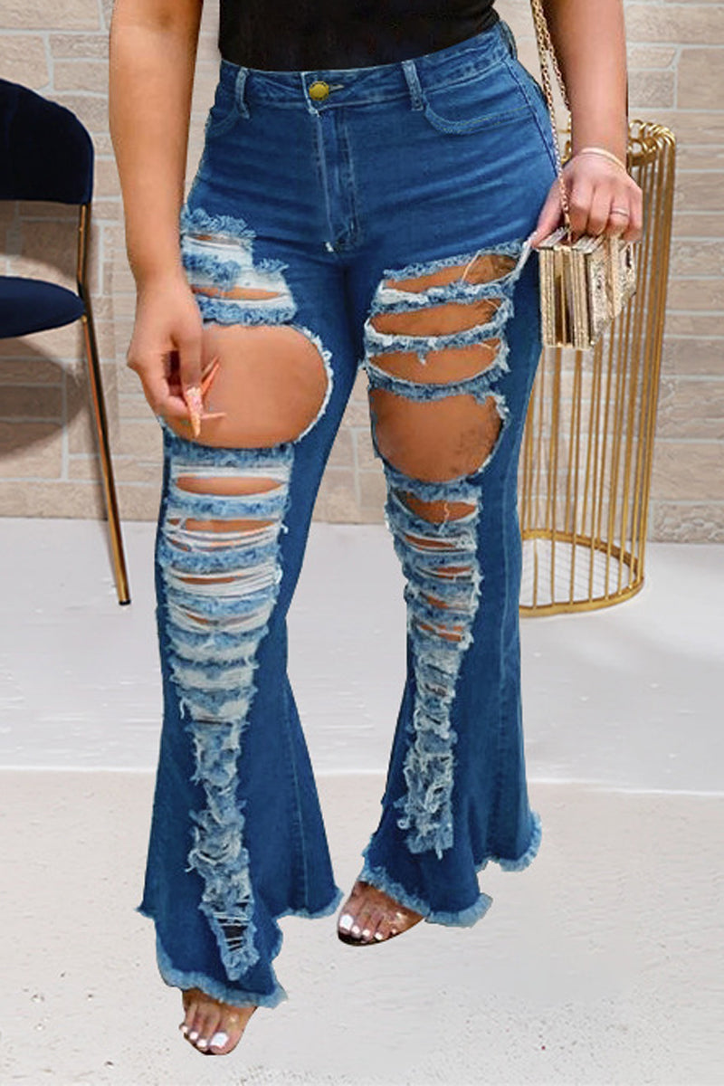 Plus Size Denim Hole Distressed Flared Jeans