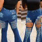 Plus Size Denim Hole Distressed Flared Jeans