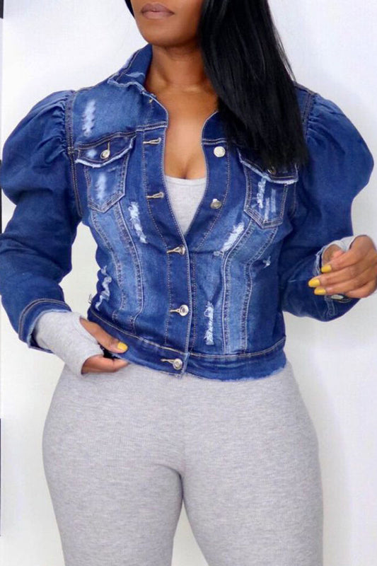 Plus Size Distressed Puff Sleeve Jacket
